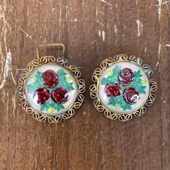 Vintage Accessories - Pair (2) of Victorian Brass Red Rose floral Metal & glass intaglio‎ scarf clips